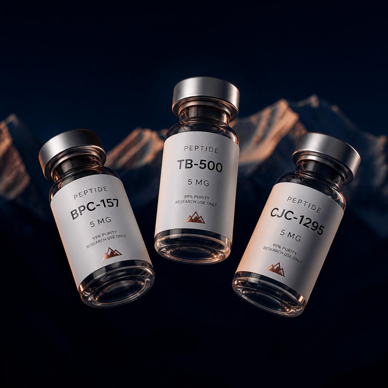 Lone Peak Peptides research vials with brushed aluminum caps against an alpine backdrop